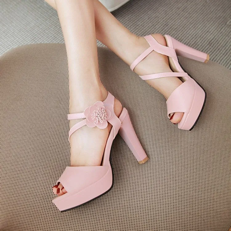 Women's Peep Toe Ankle Strap Flora Deco High Heel Platform Sandals