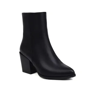 Women's Pu Leather Pointed Toe Side Zippers Chunky High Heel Short Boots