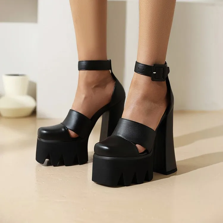 Women's Round Toe Hollow Out Thick Sole Block Heel Platform Sandals