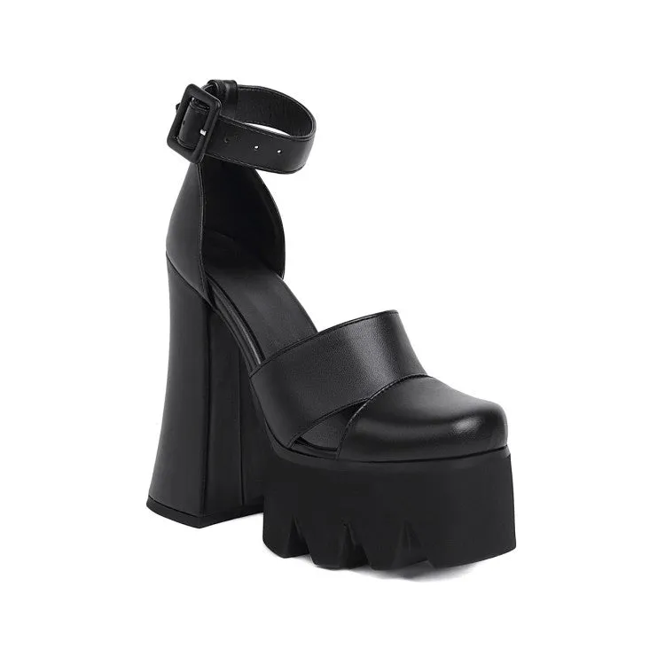 Women's Round Toe Hollow Out Thick Sole Block Heel Platform Sandals
