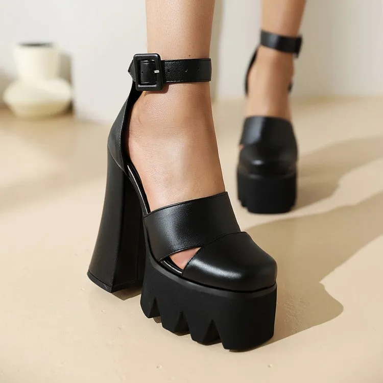 Women's Round Toe Hollow Out Thick Sole Block Heel Platform Sandals
