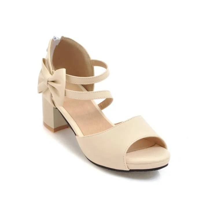 Women's Solid Color Ankle Strap Butterfly Knot Block Heel Sandals