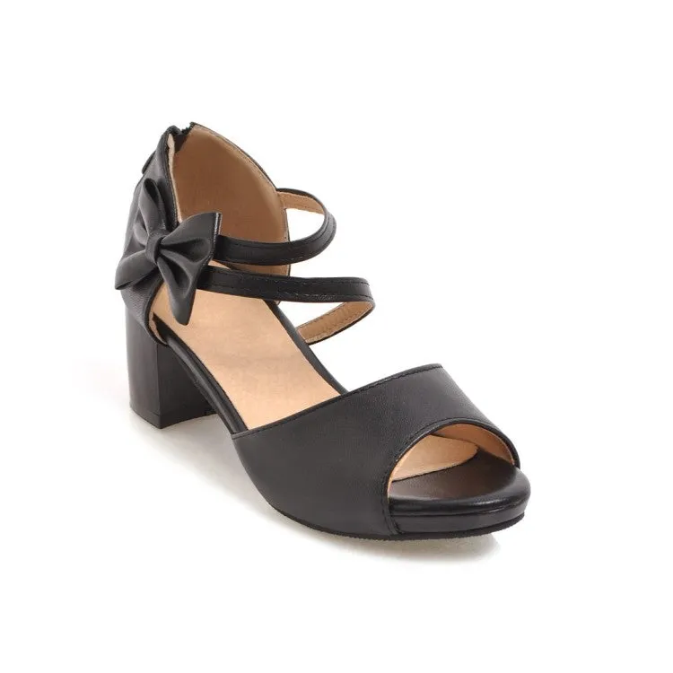Women's Solid Color Ankle Strap Butterfly Knot Block Heel Sandals