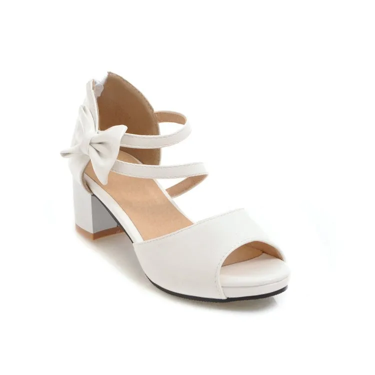 Women's Solid Color Ankle Strap Butterfly Knot Block Heel Sandals