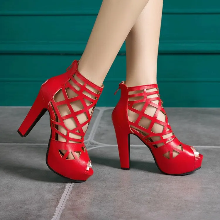 Women's Solid Color Peep Toe Hollow Out Platform Chunky Heel Sandals