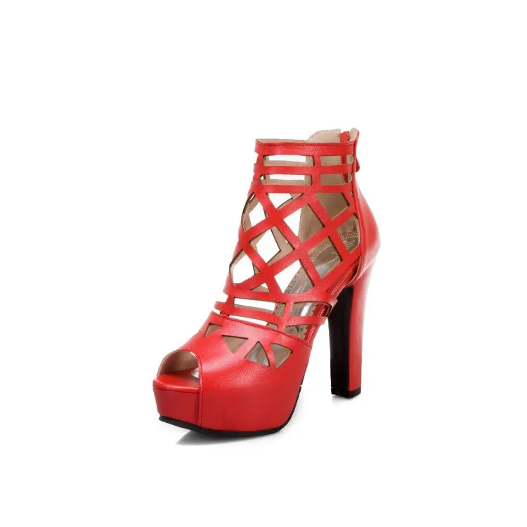 Women's Solid Color Peep Toe Hollow Out Platform Chunky Heel Sandals