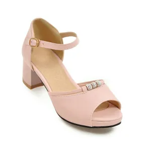 Women's Solid Color Peep Toe Rhinestone Ankle Strap Block Heels Sandals