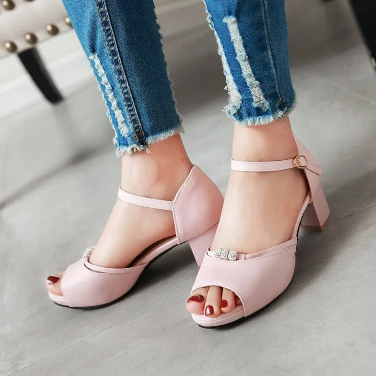 Women's Solid Color Peep Toe Rhinestone Ankle Strap Block Heels Sandals