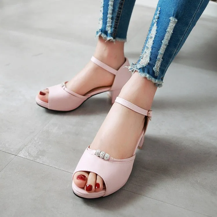 Women's Solid Color Peep Toe Rhinestone Ankle Strap Block Heels Sandals