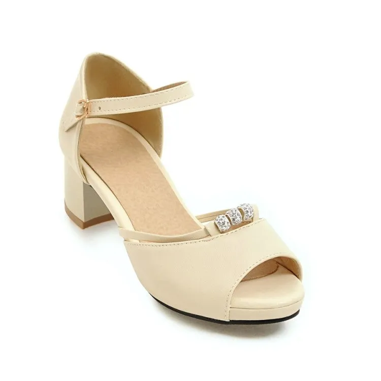 Women's Solid Color Peep Toe Rhinestone Ankle Strap Block Heels Sandals