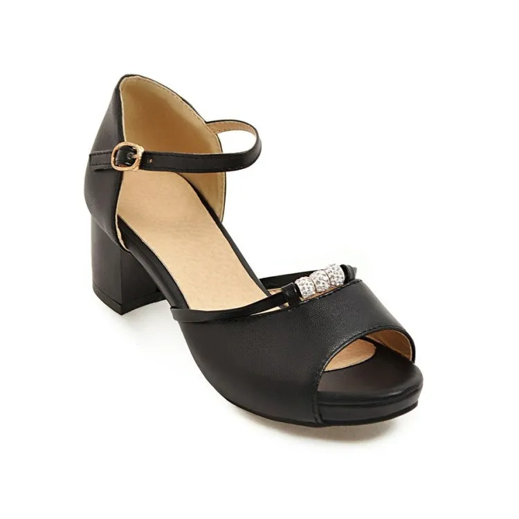 Women's Solid Color Peep Toe Rhinestone Ankle Strap Block Heels Sandals