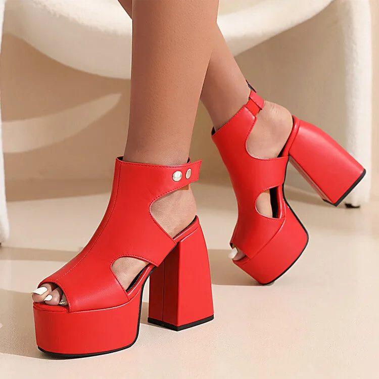 Women's Solid Color Peep Toe Thick Sole Block Heel Platform Sandals