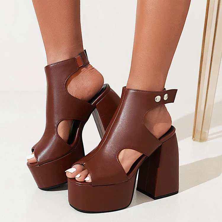 Women's Solid Color Peep Toe Thick Sole Block Heel Platform Sandals