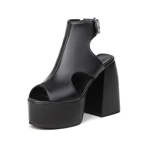 Women's Solid Color Peep Toe Thick Sole Block Heel Platform Sandals