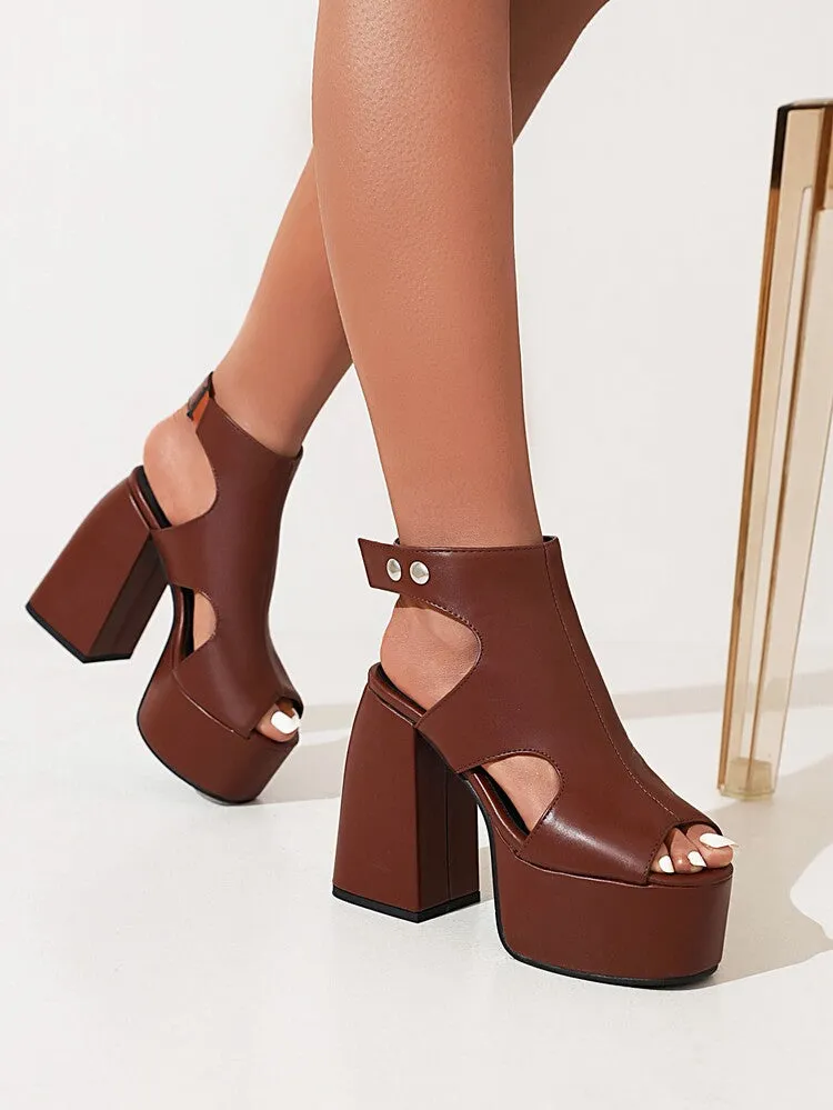 Women's Solid Color Peep Toe Thick Sole Block Heel Platform Sandals