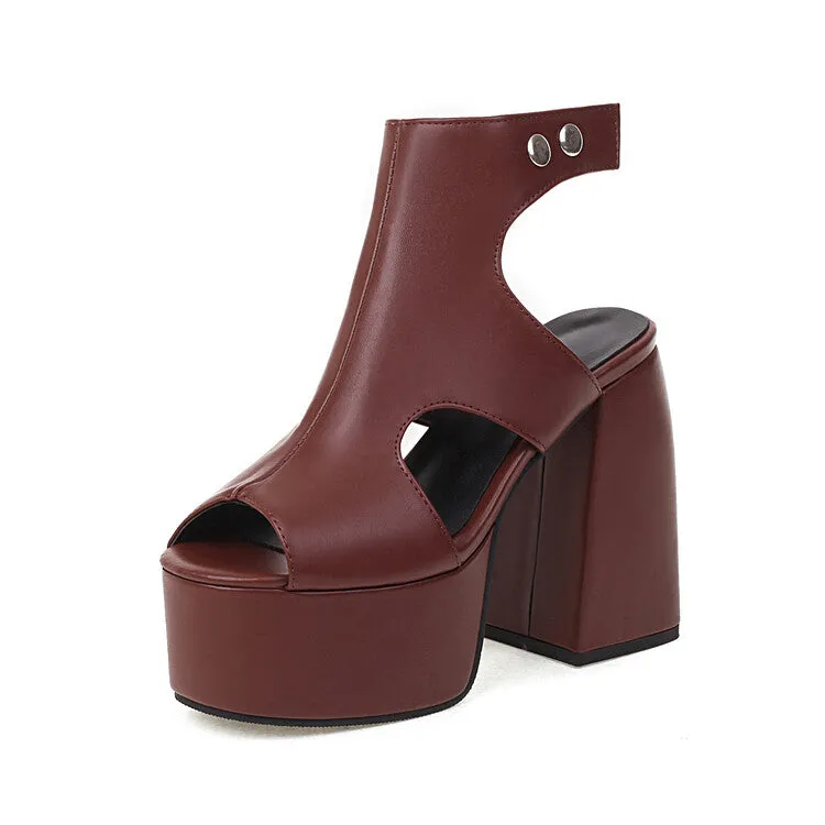 Women's Solid Color Peep Toe Thick Sole Block Heel Platform Sandals