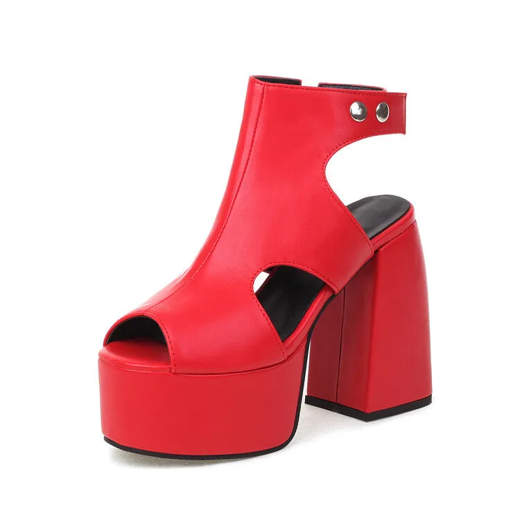 Women's Solid Color Peep Toe Thick Sole Block Heel Platform Sandals