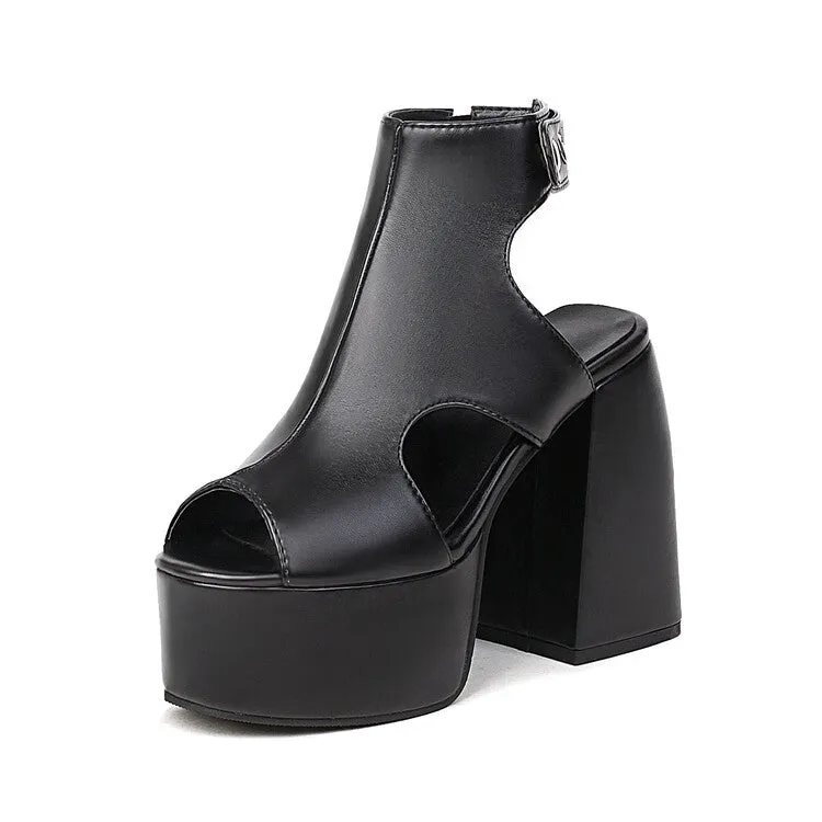 Women's Solid Color Peep Toe Thick Sole Block Heel Platform Sandals