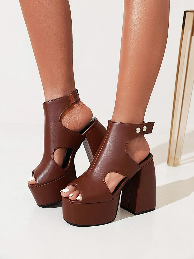 Women's Solid Color Peep Toe Thick Sole Block Heel Platform Sandals