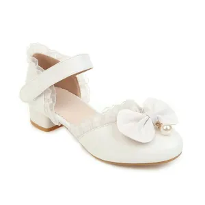 Women's Solid Color Round Toe Butterfly Knot Pearls Lace Hollow Out Block Heel Low Heels Sandals
