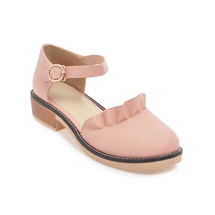 Women's Solid Color Ruffles Ankle Strap Buckle Block Heel Sandals
