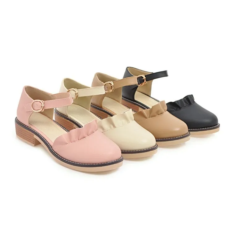 Women's Solid Color Ruffles Ankle Strap Buckle Block Heel Sandals