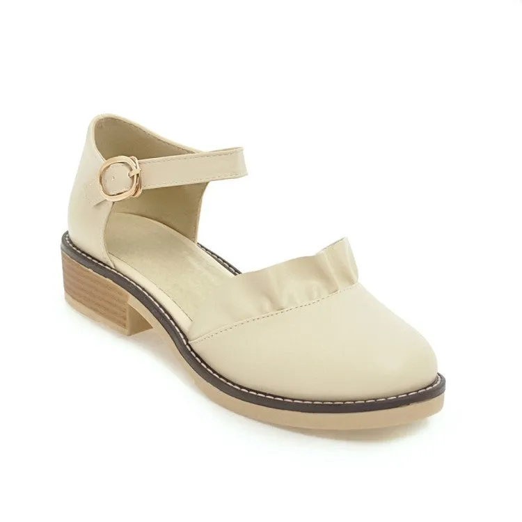 Women's Solid Color Ruffles Ankle Strap Buckle Block Heel Sandals