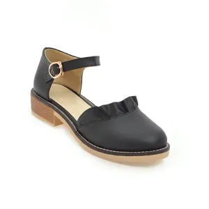 Women's Solid Color Ruffles Ankle Strap Buckle Block Heel Sandals