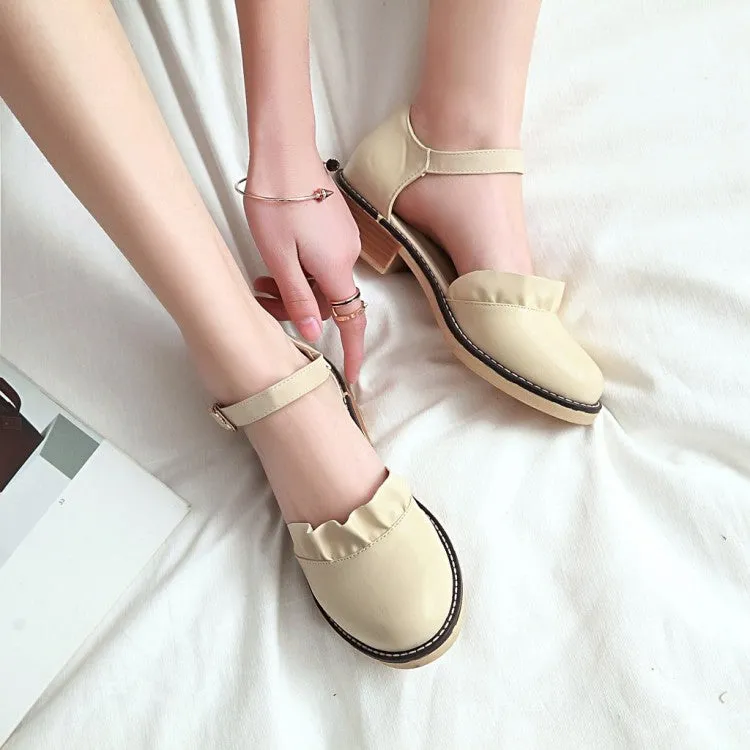 Women's Solid Color Ruffles Ankle Strap Buckle Block Heel Sandals
