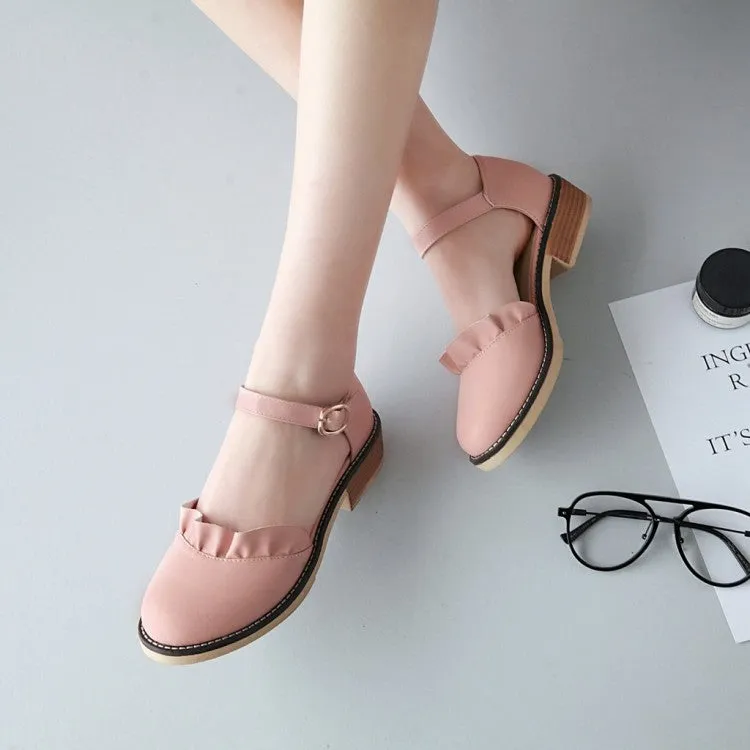 Women's Solid Color Ruffles Ankle Strap Buckle Block Heel Sandals