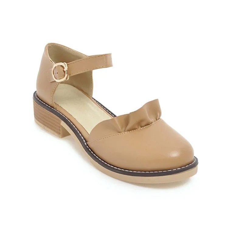 Women's Solid Color Ruffles Ankle Strap Buckle Block Heel Sandals