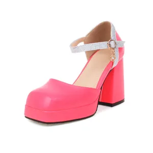 Women's Square Toe Ankle Strap Metal Buckle Platform Block Heel Sandals