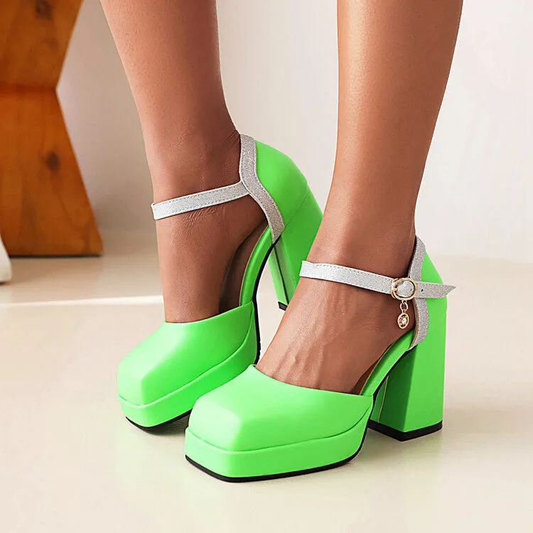 Women's Square Toe Ankle Strap Metal Buckle Platform Block Heel Sandals