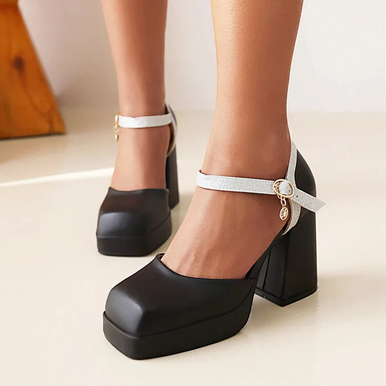Women's Square Toe Ankle Strap Metal Buckle Platform Block Heel Sandals
