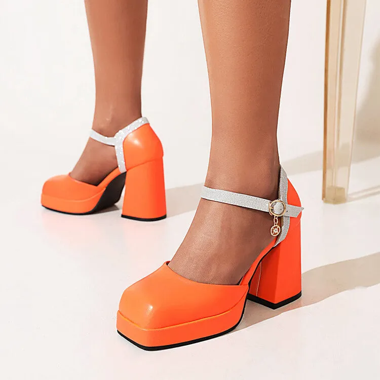 Women's Square Toe Ankle Strap Metal Buckle Platform Block Heel Sandals