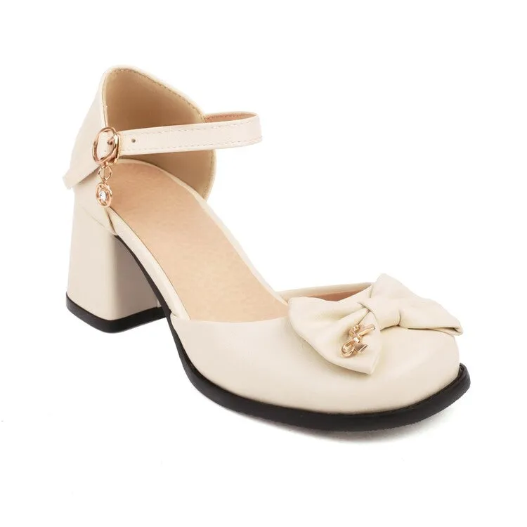 Women's Square Toe Bow Tie Ankle Strap Block Chunky Heel Sandals