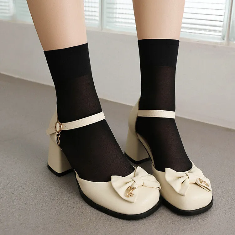 Women's Square Toe Bow Tie Ankle Strap Block Chunky Heel Sandals