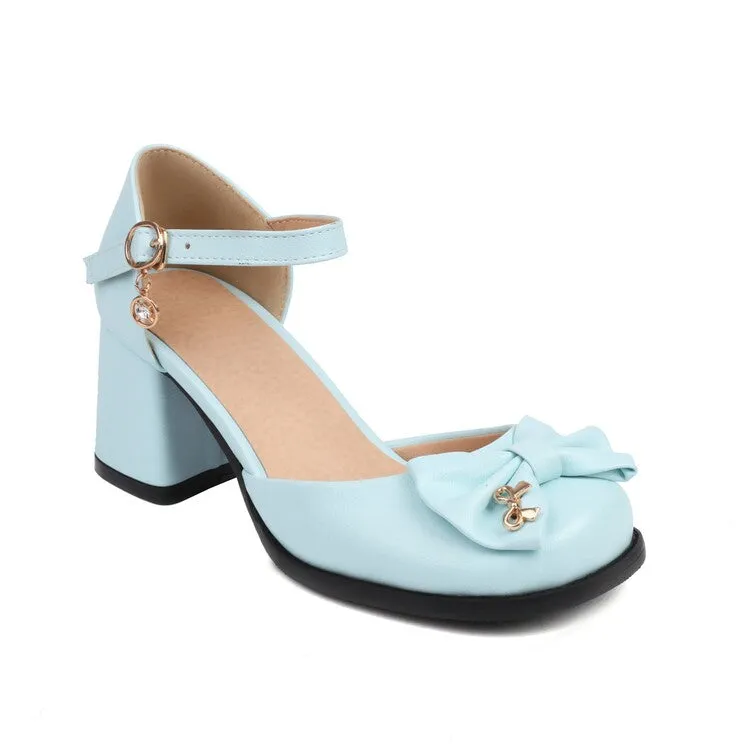 Women's Square Toe Bow Tie Ankle Strap Block Chunky Heel Sandals