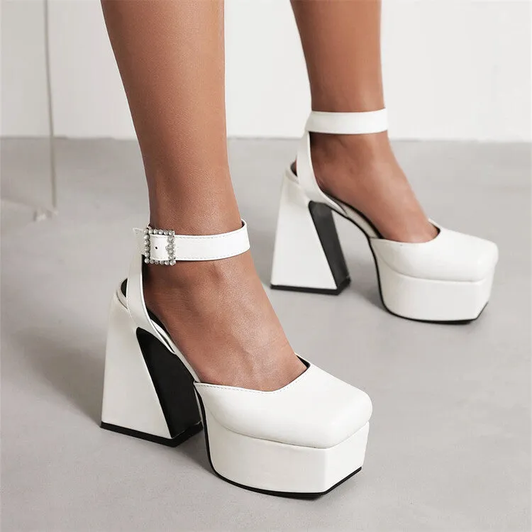 Women's Square Toe Closed Toe Hollow Out Ankle Strap Thick Sole Block Heel Platform Sandals