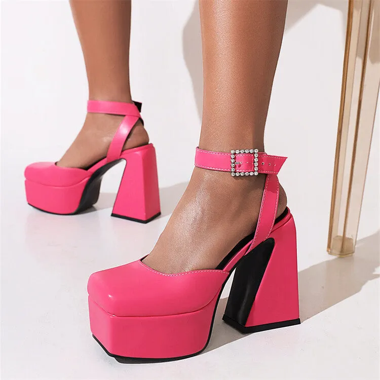 Women's Square Toe Closed Toe Hollow Out Ankle Strap Thick Sole Block Heel Platform Sandals