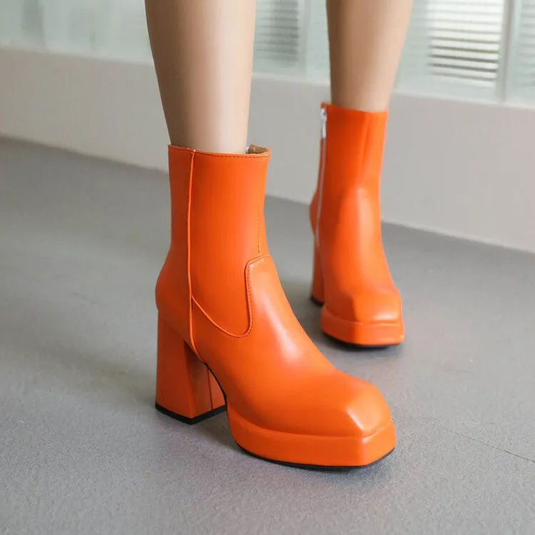 Women's Square Toe Side Zippers Block Heel Platform Short Boots
