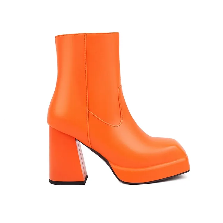 Women's Square Toe Side Zippers Block Heel Platform Short Boots