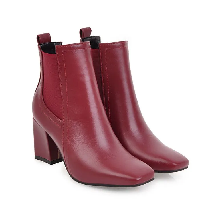 Women's Square Toe Stitching Patchwork Block Heel Short Boots