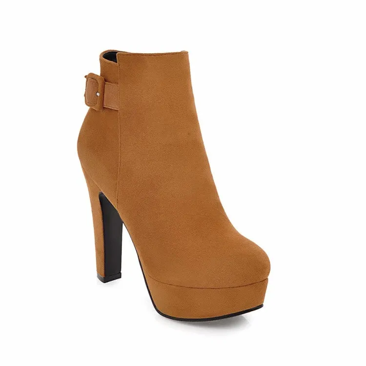 Women's Suede Round Toe Side Zippers Chunky Heel Platform Short Boots