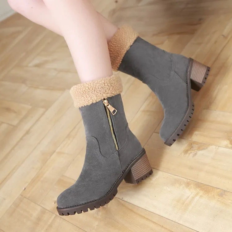 Women's Suede Stitching Side Zippers Block Heel Short Boots