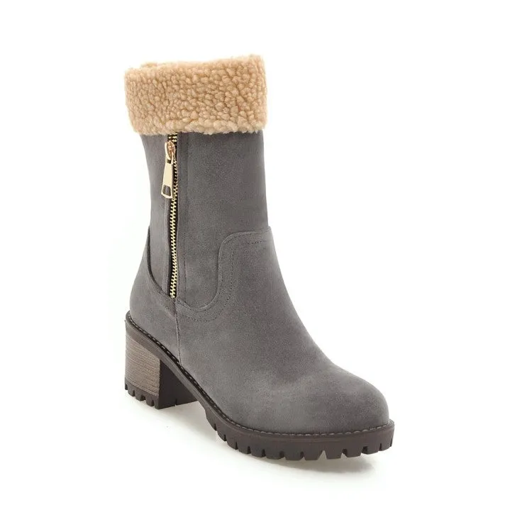 Women's Suede Stitching Side Zippers Block Heel Short Boots