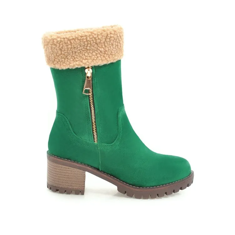 Women's Suede Stitching Side Zippers Block Heel Short Boots