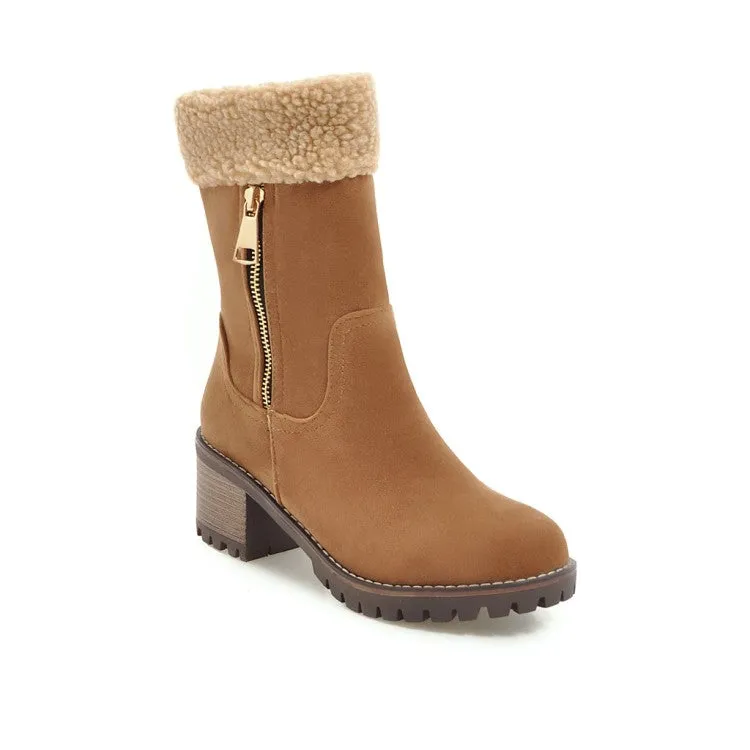 Women's Suede Stitching Side Zippers Block Heel Short Boots