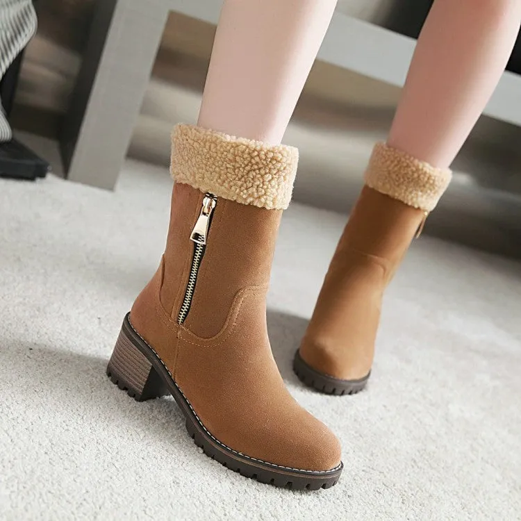 Women's Suede Stitching Side Zippers Block Heel Short Boots