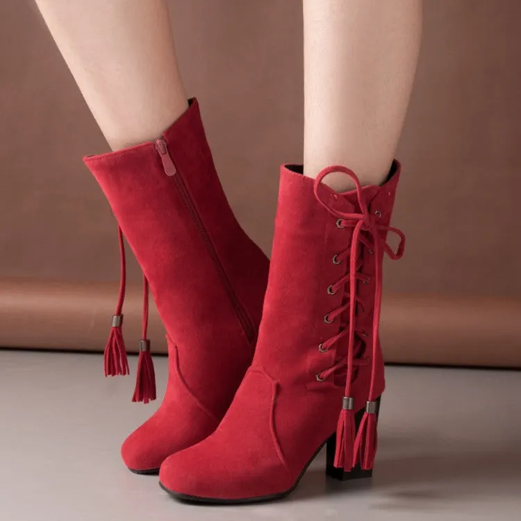 Women's Zip Lace Up High Heel Mid Calf Boots